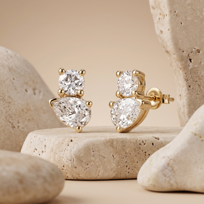 Duo Pear Round Diamond Stud Earrings in 14K Yellow Gold