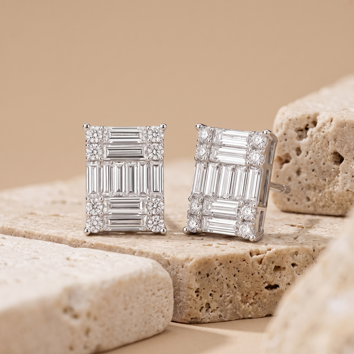 Princess Cut Illusion Diamond Stud Earrings in 18K White Gold