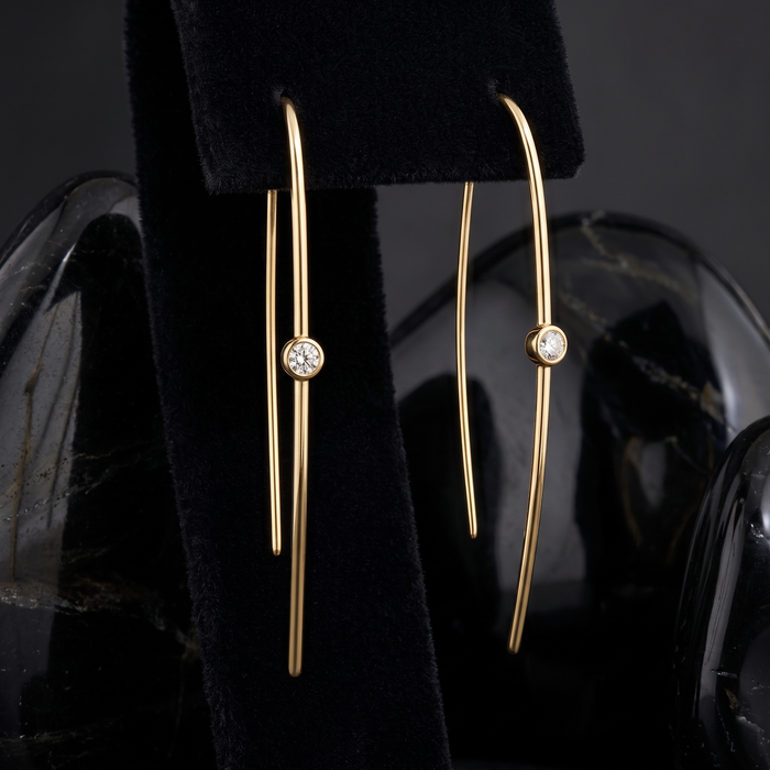 Bezel Diamond Threader Earrings in 14K Yellow Gold
