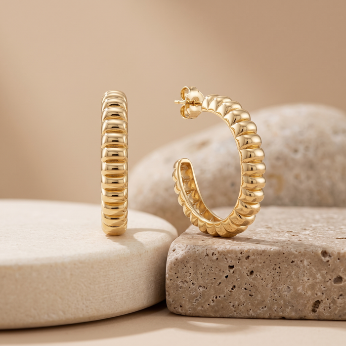 Ribbed Dome Textured Hoop Earrings in 18K Yellow Gold