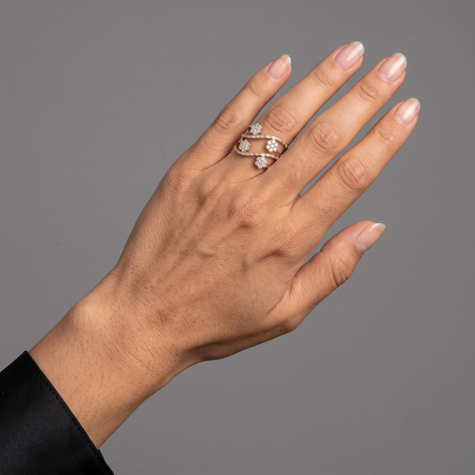 Floral Band Multi Row Diamond Flower Ring in 14K Yellow Gold