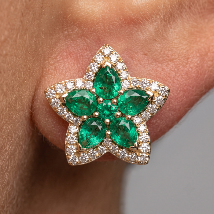 Emerald Ruby Gemstone Stud Earrings in 14K Yellow Gold