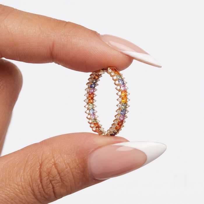 Rainbow Sapphire Pave Hoop Earrings in 14K Yellow Gold