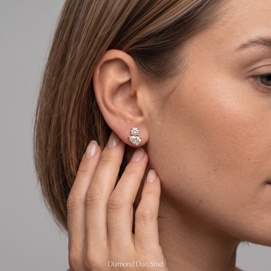 Duo Pear Round Diamond Stud Earrings in 14K Yellow Gold