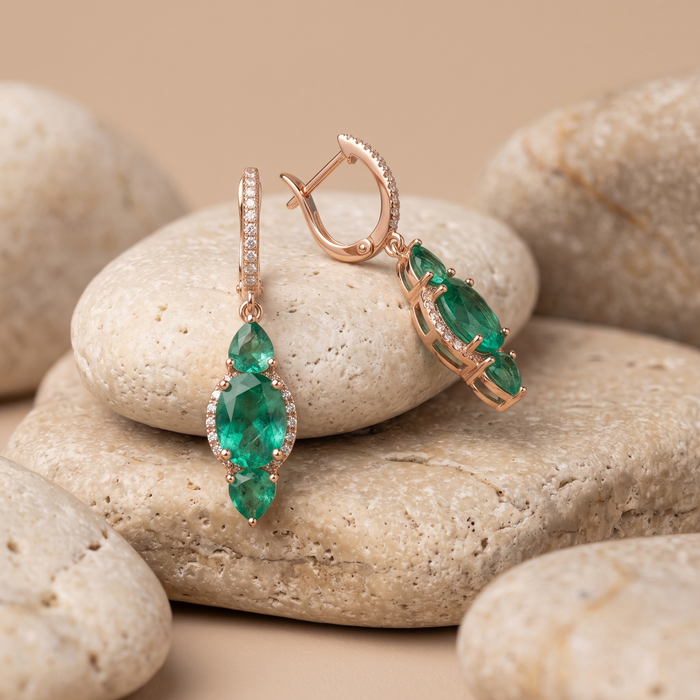 Triple Emerald Drop Huggie Earrings in 14K Yellow Gold
