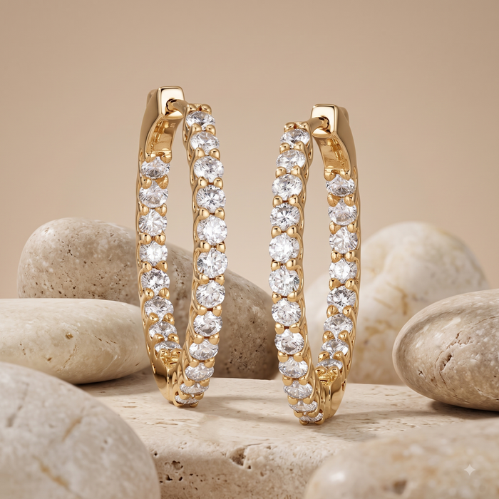 Baguette Round Diamond Hoop Earrings in 14K Yellow Gold