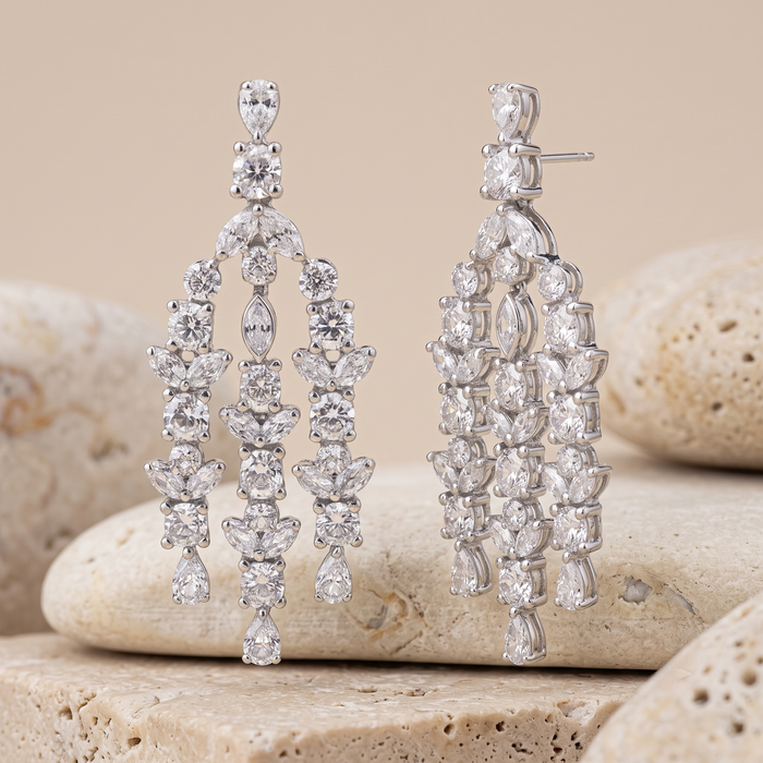 Cascade Multi Cut Diamond Drop Earrings in 18K White Gold