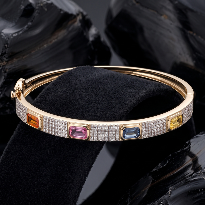 Elegant Multi-Gemstone 14K Yellow Gold Diamond Bracelet