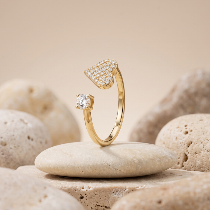 Open Heart Diamond Cuff Ring in 14K Yellow Gold
