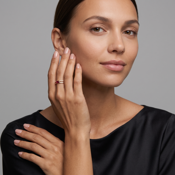 Hexagon Open Band Baguette Ruby Ring in 14K Yellow Gold
