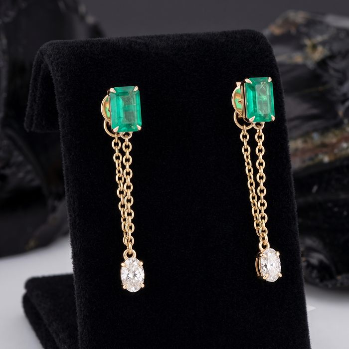 Emerald Chain Drop Earrings in 14K Yellow Gold