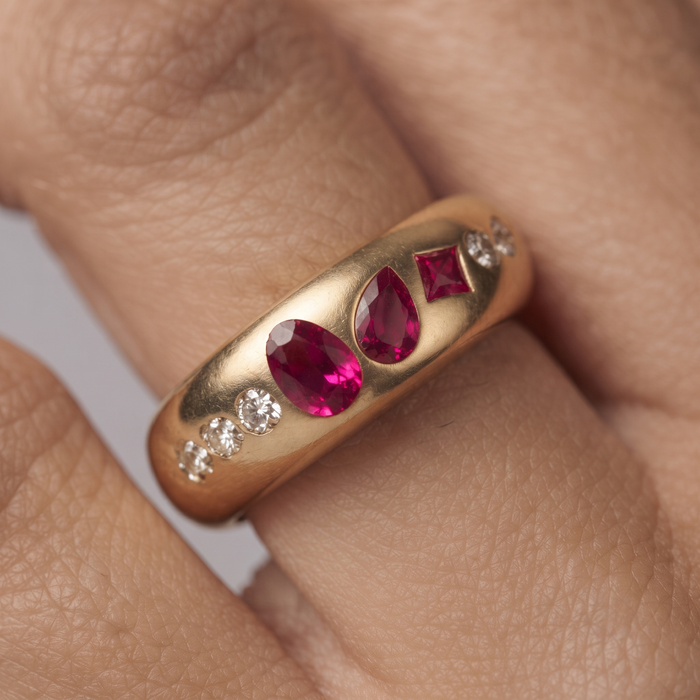 Multi Shape Ruby Diamond Accent Band Ring in 14K Yellow Gold