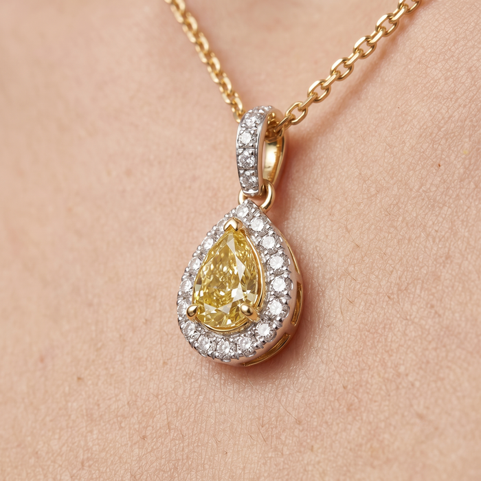 Pear Yellow Diamond Brilliant Halo Necklace in 14K Gold