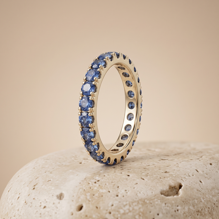Beautifully Shades Blue Sapphire 14K Diamond Band Ring