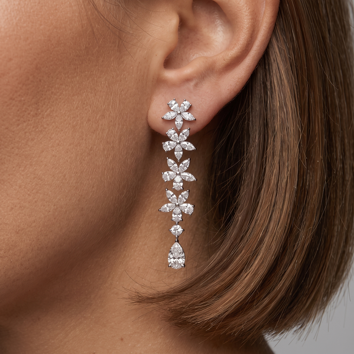 Flowers Petal Diamond Drop Earrings in 18K White Gold