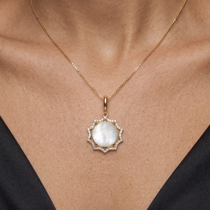 Mother Pearl Diamond Sunburst Pendant Necklace in 14K Yellow Gold
