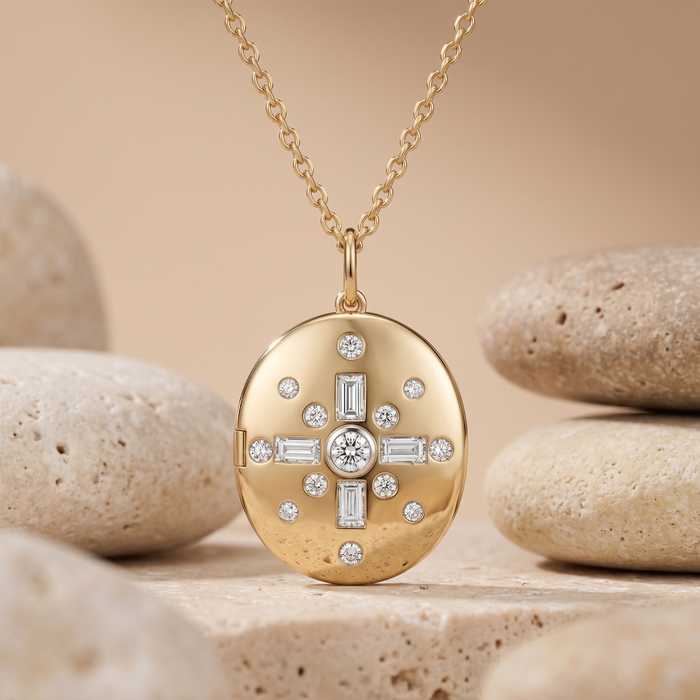 Celestial Cross Diamond Locket Necklace in 14K Yellow Gold