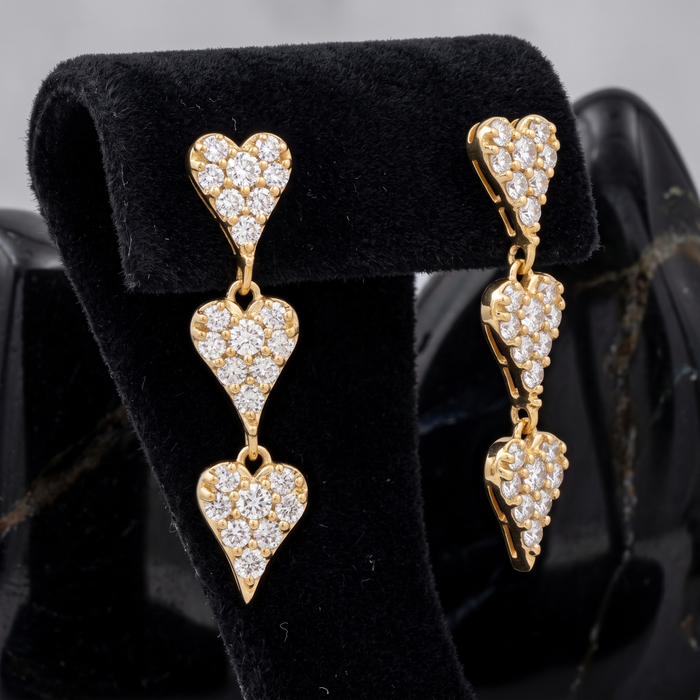 Triple Heart Trail Drop Earrings in 14K Yellow Gold