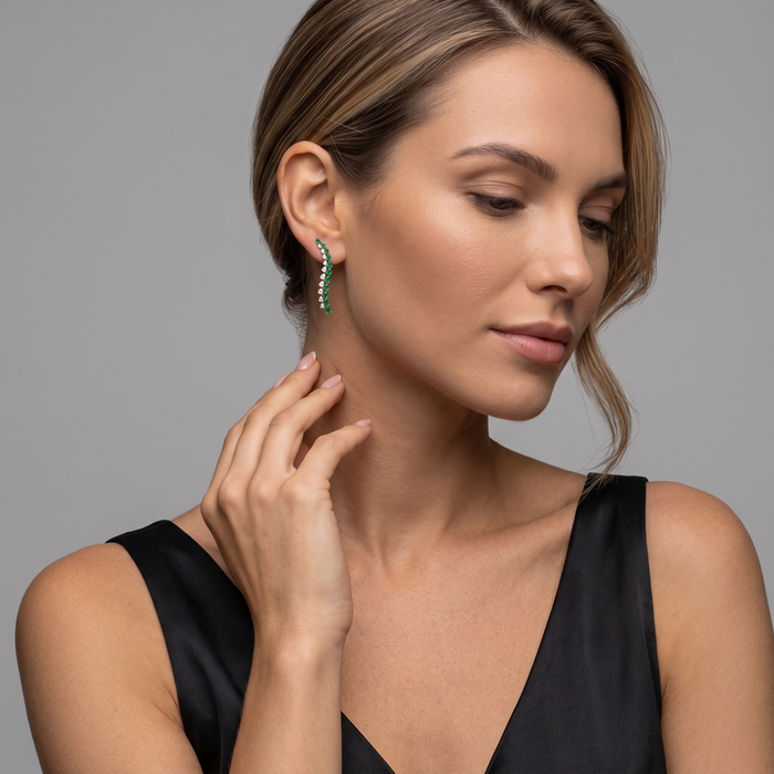 Emerald Diamond Leaf Curve Drop Earrings in 14K Yellow Gold