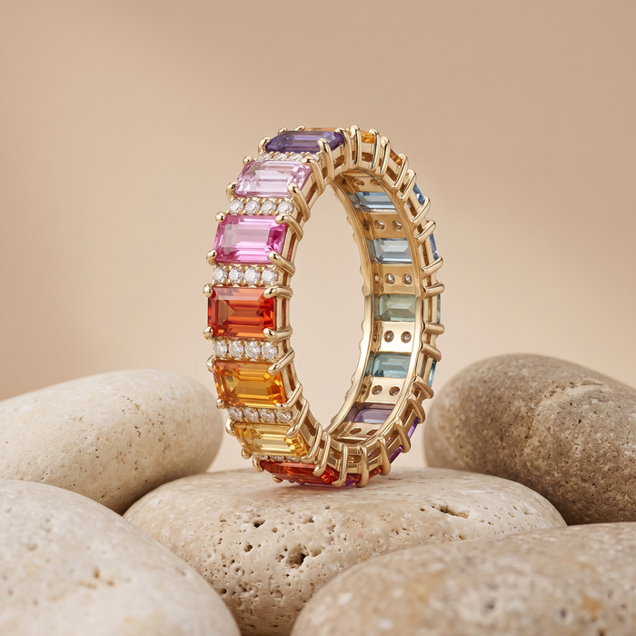 Elegant Multi-Color Sapphire & Diamond 14K Gold Band Ring