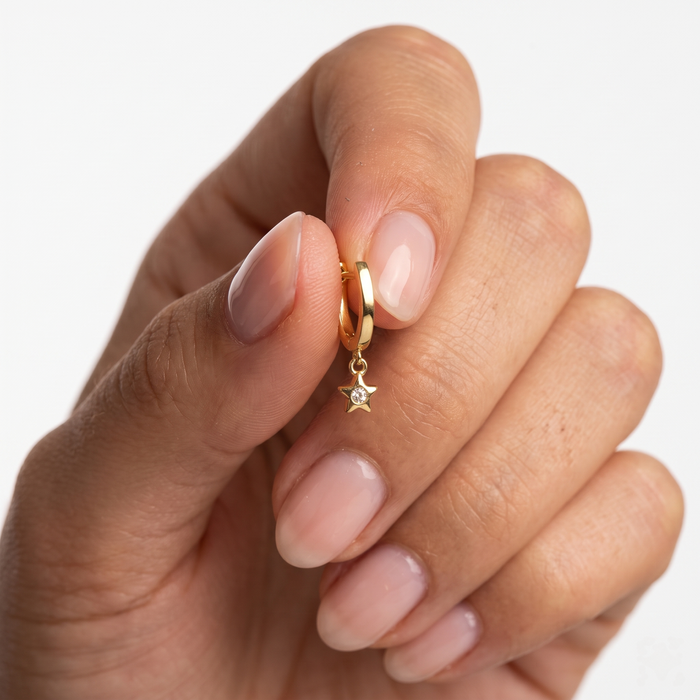 Gold Star Charm Diamond Hoop Earrings in 14K Gold
