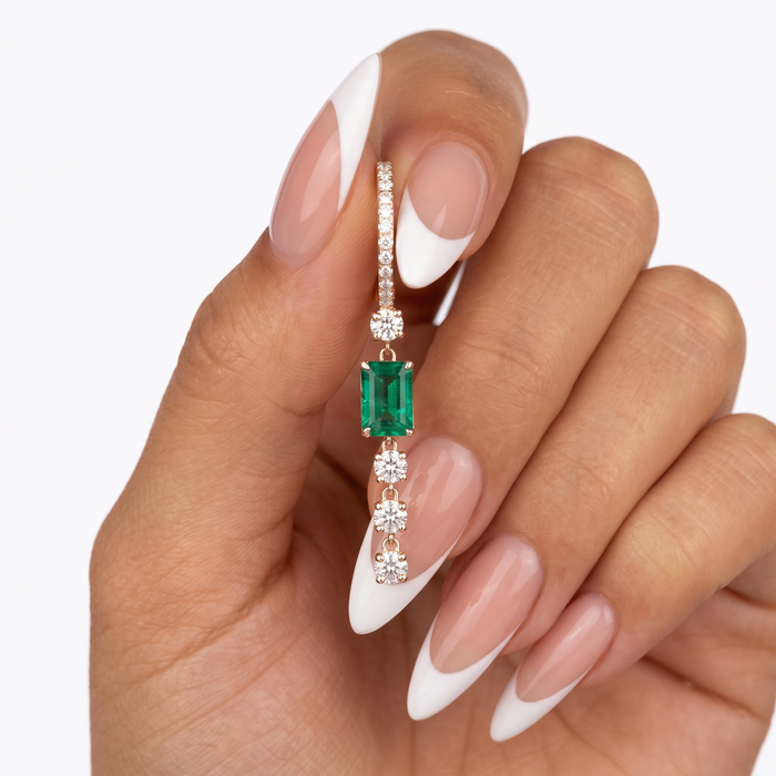 Emerald Cut Diamond Drop Hoop Earrings in 14K Gold