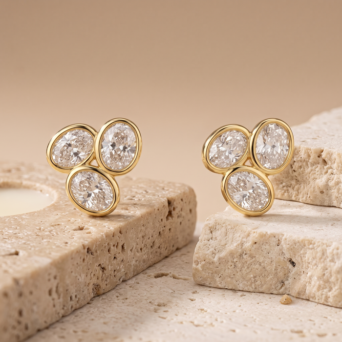 Triple Oval Cluster Stud Earrings in 18K Yellow Gold