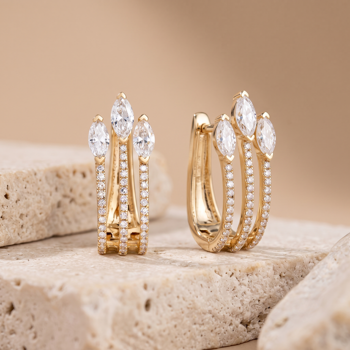 Triple Marquise Crown Diamond Hoop Earrings in 14K Yellow Gold