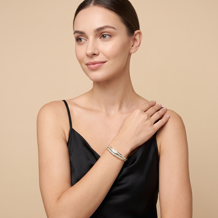 106 Dual Diamond Wave Design 14K (or 18k upon request) Yellow Gold Bangle Bracelet