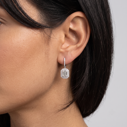 Opalize Halo Drop Round Diamond Earrings in 14K White Gold