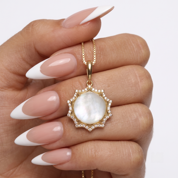 Mother Pearl Diamond Sunburst Pendant Necklace in 14K Yellow Gold