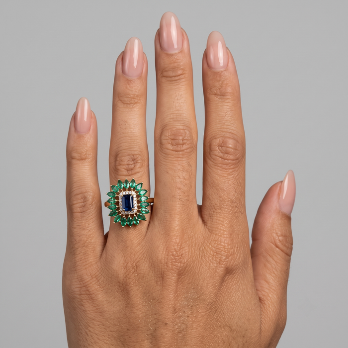 Blue Sapphire Emerald 14K Halo Cocktail Ring