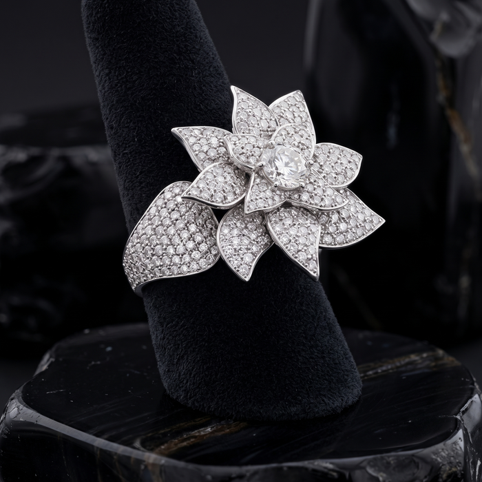 Double Finger Flower Diamond Ring in 18K White Gold