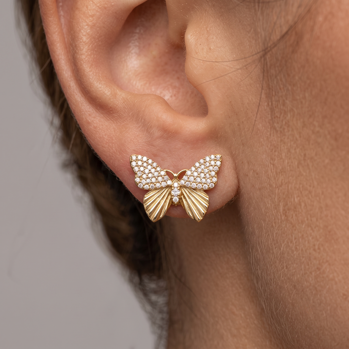 Butterfly Decorative Diamond Stud Earrings in 14K Yellow Gold