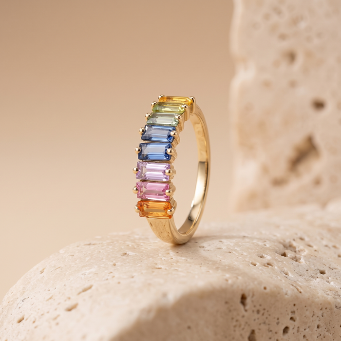 Colorful Baguette Sapphire 14K Gold Statement Ring