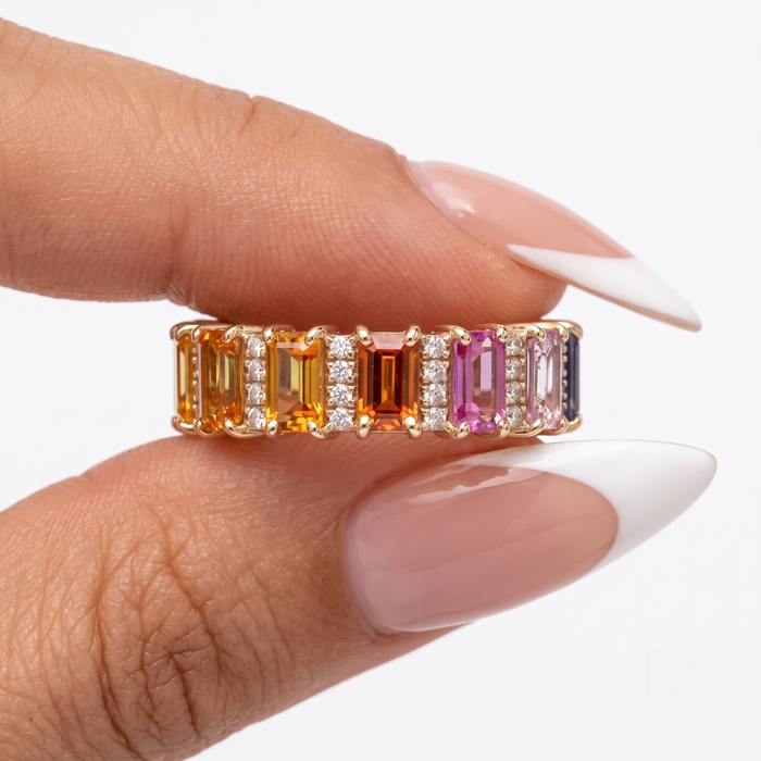 Elegant Multi-Color Sapphire & Diamond 14K Gold Band Ring