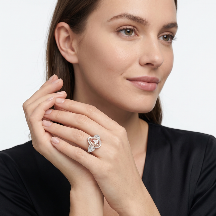 Pink Pear Shaped Halo Diamond Engagement Ring in 18K Gold