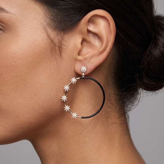 Black Enamel Starburst Hoop Earrings in 14K Yellow Gold