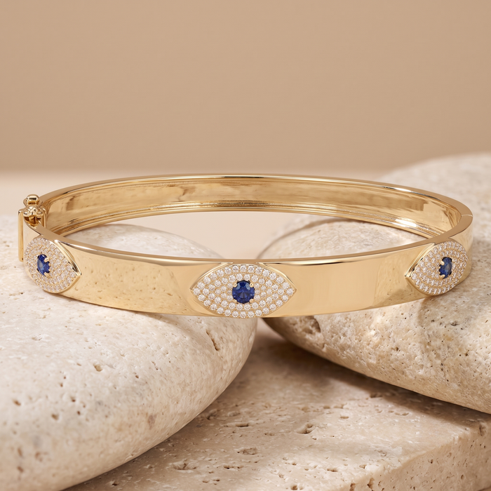 Evil Eye Sapphire Bangle Bracelet in 14K Yellow Gold