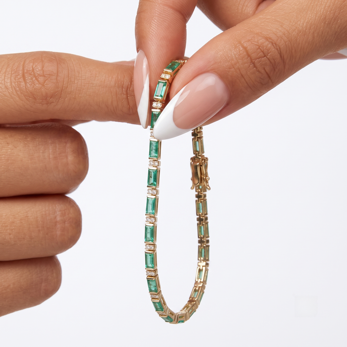 Green Gemstones Diamond Tennis Bracelet in 14K Yellow Gold