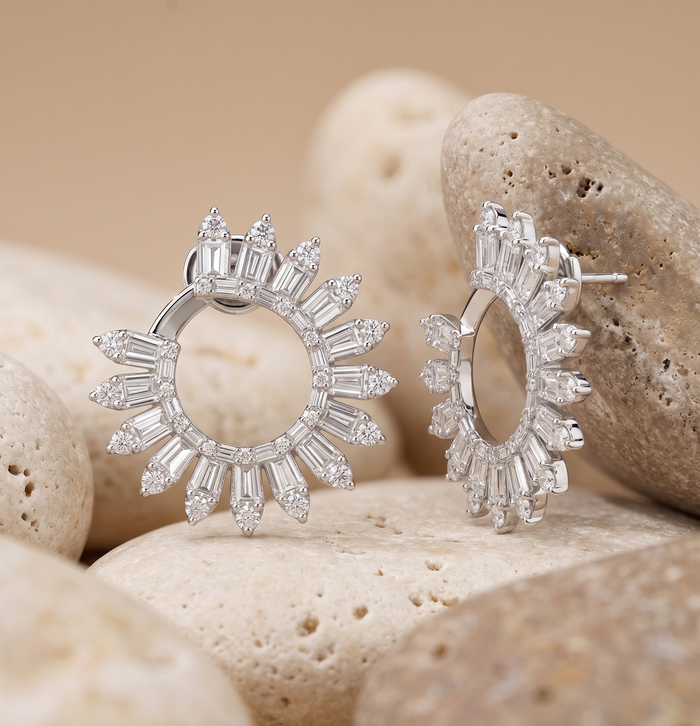 Sunburst Baguette Marquise Diamond Earrings in 14K White Gold