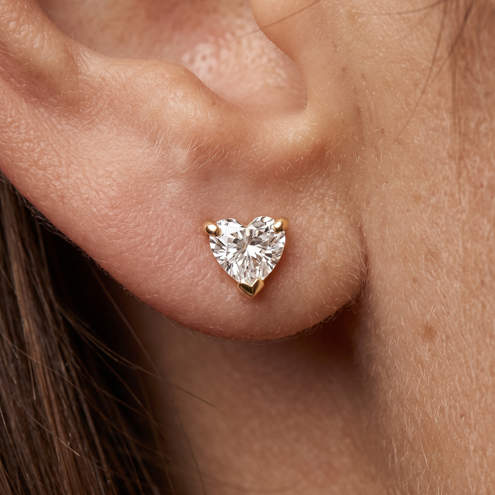 Heart Shaped Solitaire Stud Earrings in 14K Yellow Gold