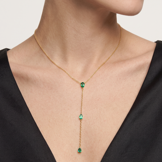 Pear Cut Emerald Drops Lariat Necklace in 14K Yellow Gold