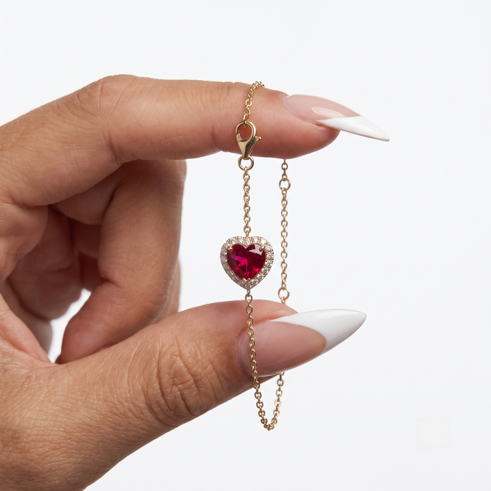 Scarlet Love Heart Shaped Gemstone Charm Bracelet in 14K Gold
