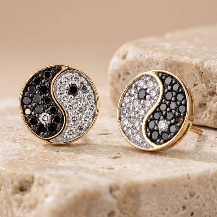 Bygone Era Black Enamel Stud Earrings in 14K Yellow Gold