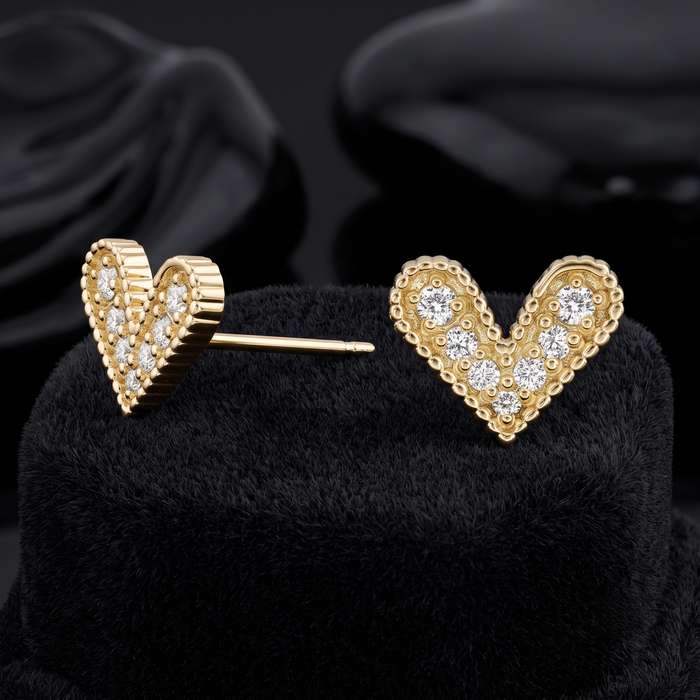 Round Diamond Heart Shape Stud Earrings Set - Push Back with Milgrain