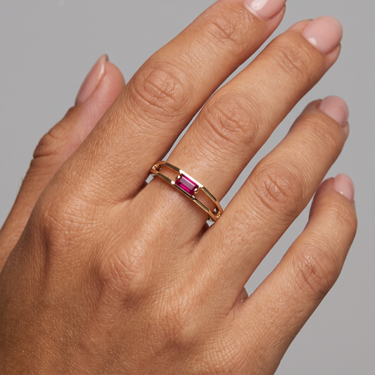 Hexagon Open Band Baguette Ruby Ring in 14K Yellow Gold