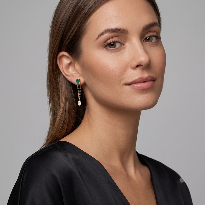 Emerald Chain Drop Earrings in 14K Yellow Gold