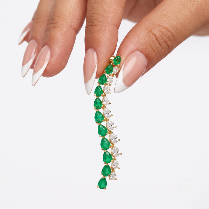 Emerald Diamond Leaf Curve Drop Earrings in 14K Yellow Gold