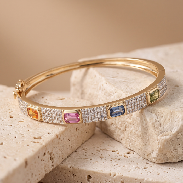 Elegant Multi-Gemstone 14K Yellow Gold Diamond Bracelet